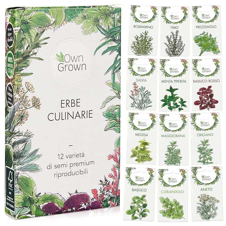 OwnGrown Set di Semi di Erbe - 12 Varietà di Erbe per Giardino e Cucina - Prezzemolo, Erbe di Provenza, Coriandolo, Aneto - Semi Piantare per Aromi Freschi - Amanti Giardinaggio