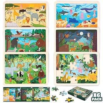 BONNYCO Puzzle Legno Bambini 6 Sets 24 Pcs, Animali di Diversi Ecosistemi. Puzzle 3-8 Anni con Tavoletta, Giochi Educativi. Giocattoli, Regalo Bambino e Bambina, Natale