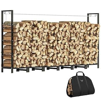 Outsunny Legnaia da Esterno in Acciaio, Portalegna da Esterno con Borsa Portalegna da Trasporto, Struttura Regolabile e Catene in Metallo, Porta Legna Rialzato, 0.8m³, 235x31x116 cm, Nero