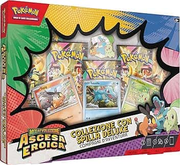 Pokémon: collezione con spilla deluxe Compagni d’avventura dell’espansione Megaevoluzione - Ascesa Eroica del GCC Pokémon (3 carte promozionali olografiche, 1 spilla deluxe e 5 buste di espansione)