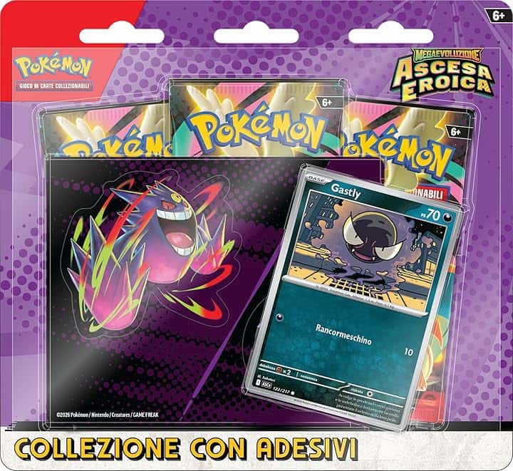 Pokémon: collezione con adesivi (Gastly) dell’espansione Scarlatto e Violetto - Ascesa Eroica del GCC Pokémon (una carta promozionale olografica e tre buste di espansione), Edizione in Italiano