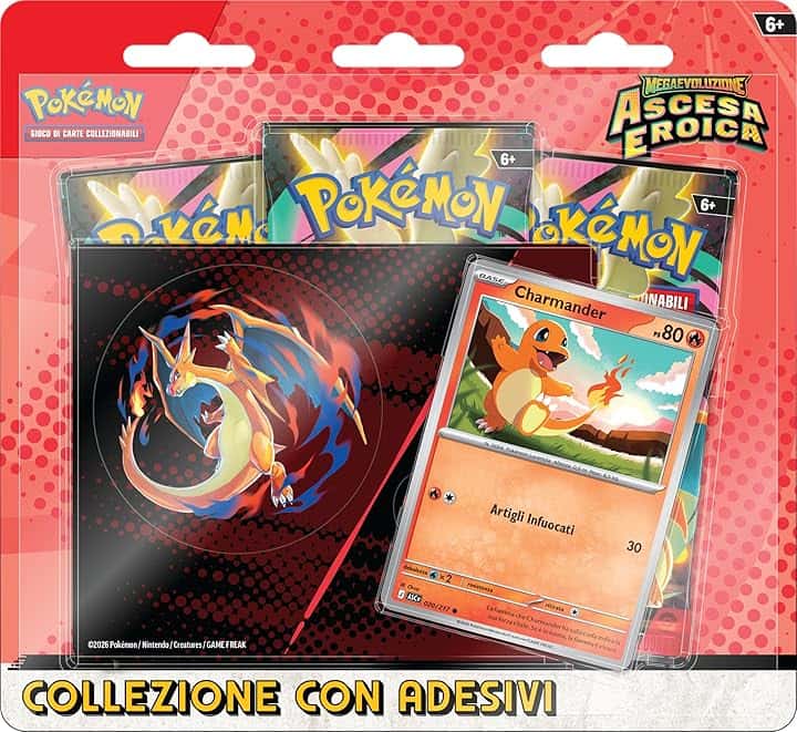 Pokémon: collezione con adesivi (Charmander) dell’espansione Scarlatto e Violetto - Ascesa Eroica del GCC Pokémon (una carta promozionale olografica e tre buste di espansione), Edizione in Italiano