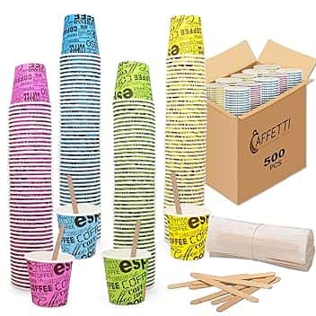 Set 500 Bicchierini Caffè + 500 Palette - Bicchieri 75 ml 2,5 oz in Carta Colorati e Palettine Usa e Getta Riciclabili, per Ristoranti, Ufficio, Asporto, Bar, Espresso