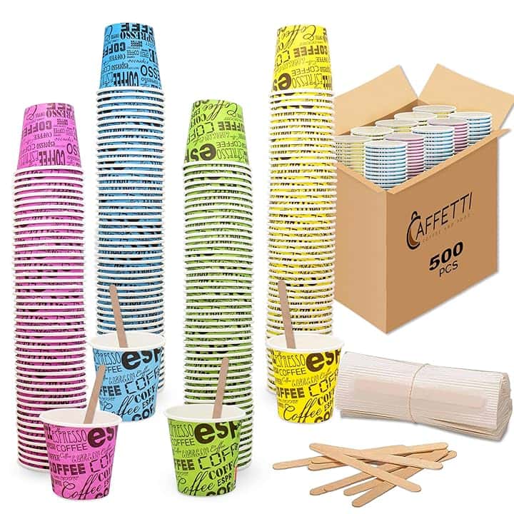 Set 500 Bicchierini Caffè + 500 Palette - Bicchieri 75 ml 2,5 oz in Carta Colorati e Palettine Usa e Getta Riciclabili, per Ristoranti, Ufficio, Asporto, Bar, Espresso