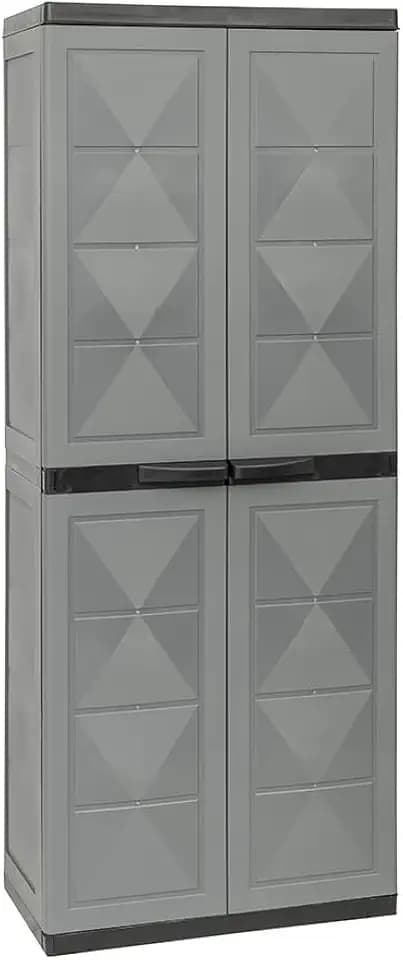 Armadio Basic Line con 3 Ripiani 1 Porta Scope - per Interno, Esterno, Ripostiglio, Organizzazione, Lavabile, Garage, Montaggio Senza Viti, in Polipropilene - Colore Grigio (65X37X165h cm)