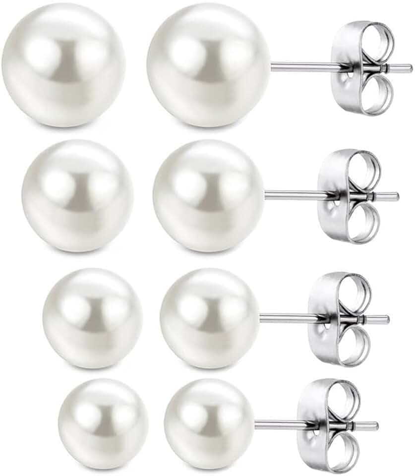 PLABBDPL 4 Paia Orecchini Perline Argento 925, Orecchini di Perle da Donna - Orecchini di Perle Sfera Rotonda, Ipoallergenici Orecchio Gioielli,Taglie Miste 4mm /6mm / 8mm / 10mm