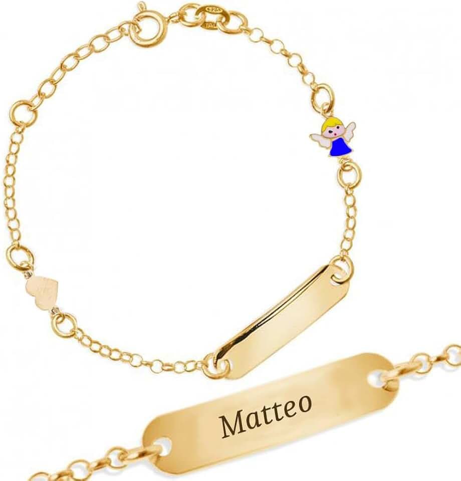 Sakrami Bracciale Argento 925 Bimbo Piastrina Personalizzabile con Nome e Angioletto Smaltato Blu Kids Collection + Confezione Regalo Personalizzata - Braccialetto per Nascita Comunione o Battesimo