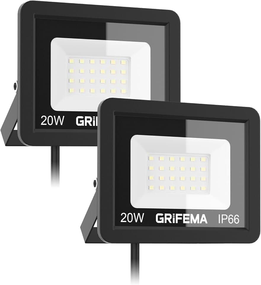GRIFEMA 20W Faretto LED da Esterno 2 Pezzi, 2200LM 6500K Luce Bianca Fredda, IP66 Impermeabile, Faretti LED con Supporto Regolabile a 180° per Giardino, Terrazza, Garage, Senza Spina