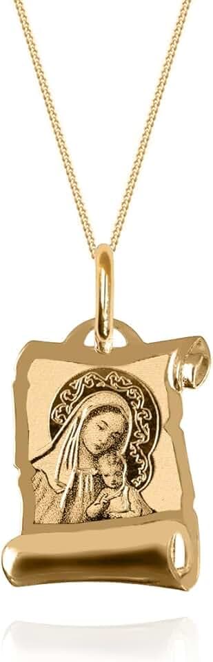 Sakrami Collana da Bambini in Oro 9Kt con Madonna e Gesù Bambino a forma di Pergamena Kids Collection + Confezione Regalo Personalizzata - Collana per Nascita Comunione Battesimo o Cresima