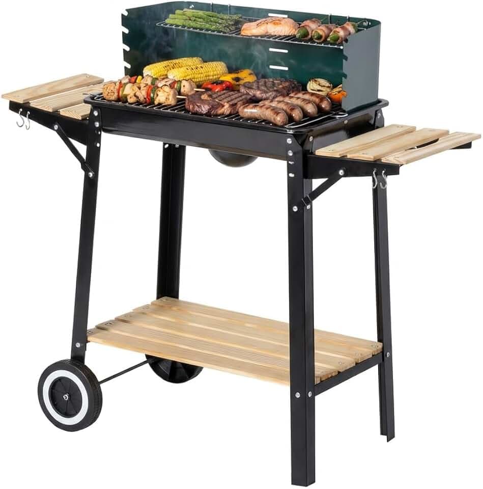 aro Barbecue a Carbonella, Acciaio/Legno, 2 Griglie ad Altezza Regolabile, 2 Tavolini Laterali, Ruote, Paravento, Verde