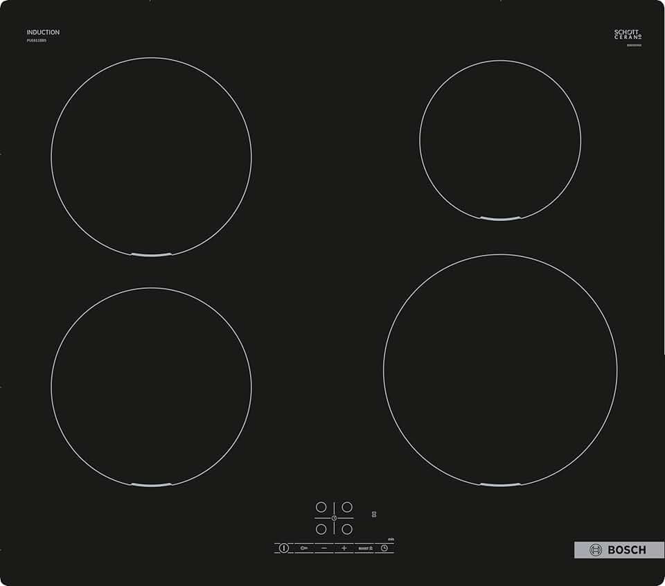 Bosch PUE611BB5J Serie 4, Piano cottura a induzione, PowerBoost accelera il processo di cottura, TouchSelect, senza profili, Nero, 60 cm