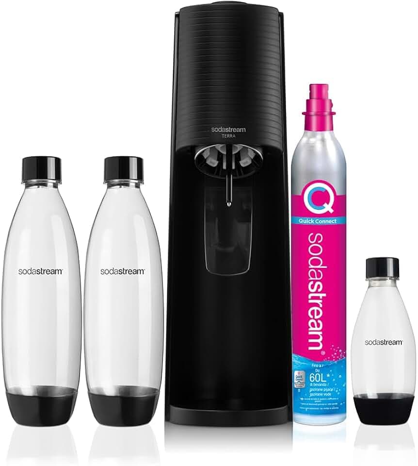 SodaStream Terra Megapack, Gasatore d'acqua per trasformare l'acqua in acqua frizzante, incluso cilindro contente Co2, 2 bottiglie da 1 litro, 1 bottiglia da mezzo litro,28,8 x 19.5 x 43.6 centimetri