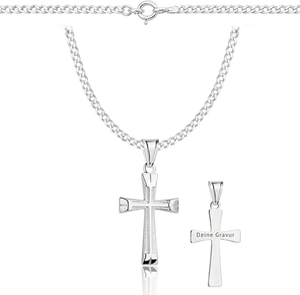 ZELYA Collana in argento 925 con croce a maglia barbazzale per ragazze e ragazzi – 45 – 60 cm catena comunione con croce, catena per bambini per comunione e battesimo, confezione regalo con incisione