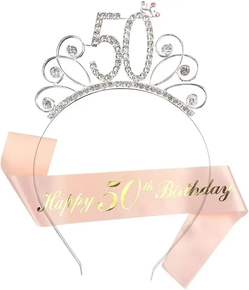 KOQAIIZ 50 Anni Donna Decorazioni Corona Sciarpa Set, Fabulous Sash e Strass Coroncina, Tiara Cristallo Corona Fascia 50th Compleanno Ragazza Sash