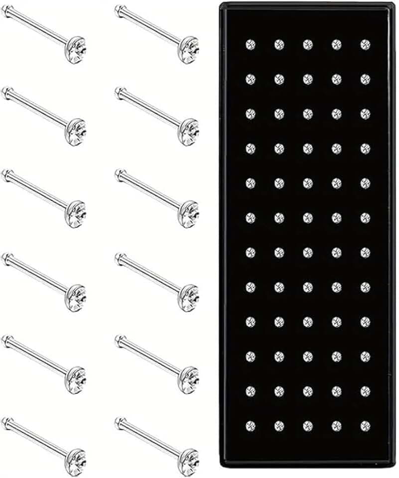 JEXOWIQ 60 Pcs Piercing Naso Brillantino, Acciaio Inossidabile, Forma di I, Cristallo, Ipoallergenico, Orecchini Naso