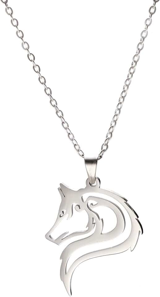 cooltime Collana a forma di lupo con catena regolabile, in acciaio inox, ciondolo rotondo cavo, Acciaio inossidabile