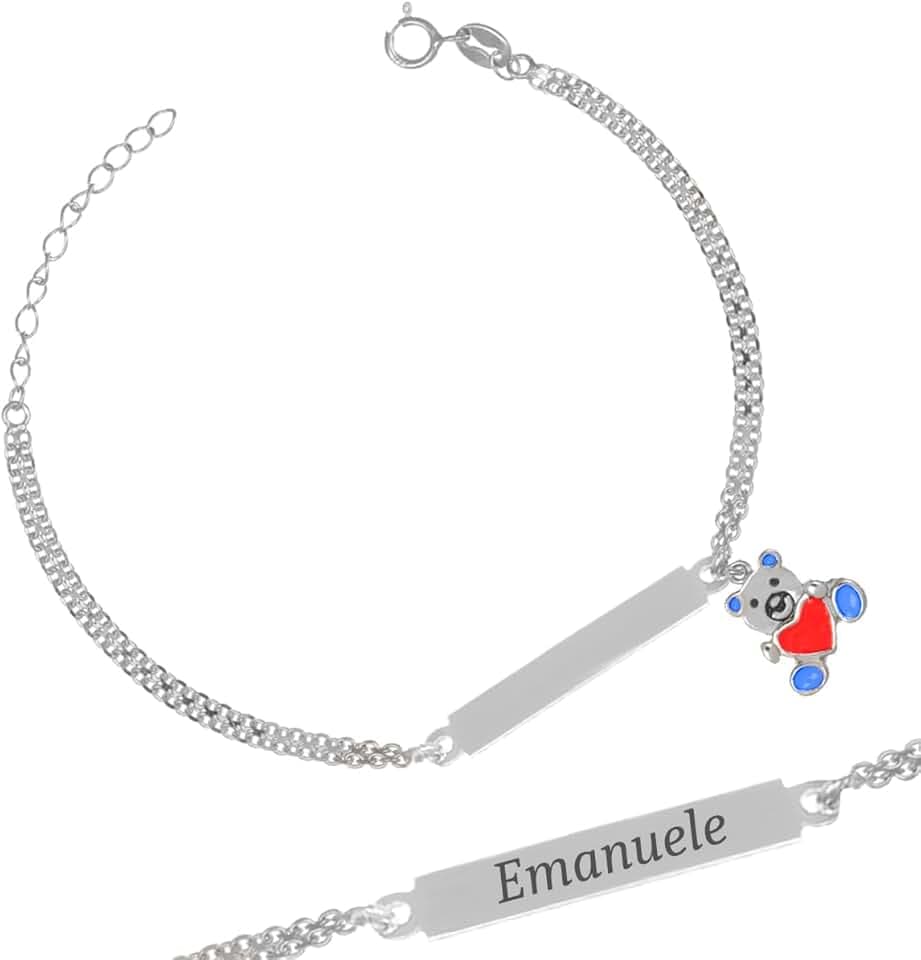 Sakrami Bracciale in Argento 925 con Piastrina Personalizzabile con Nome e Orsetto Smaltato + Idea Regalo Bambina e Bambino - Braccialetto Dolce per Nascita, Battesimo, Comunione, Compleanno