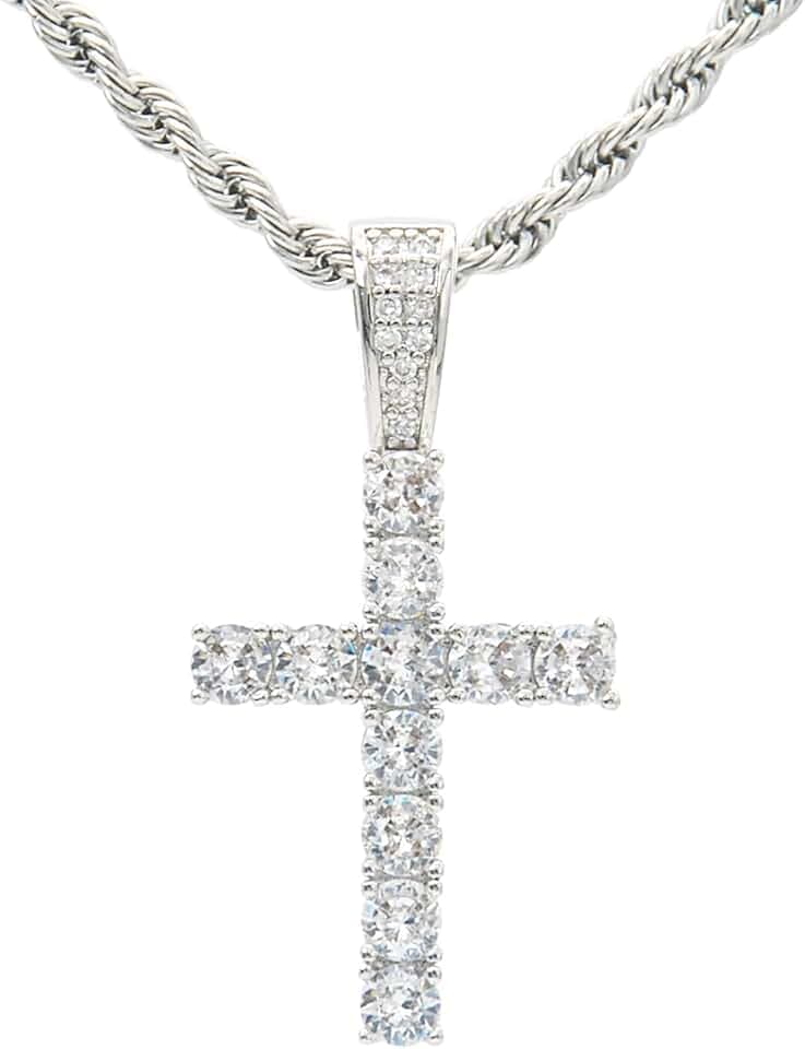 KONFEN Collana Uomo Donna, Croce Collane Girocollo Uomo Acciaio Inox con Zirconi, Catena con Pendente Croce Catenina Rapper, Retrò Catenella Acciaio Inossidabile Ciondolo Pendaglio Regalo per Ragazzo