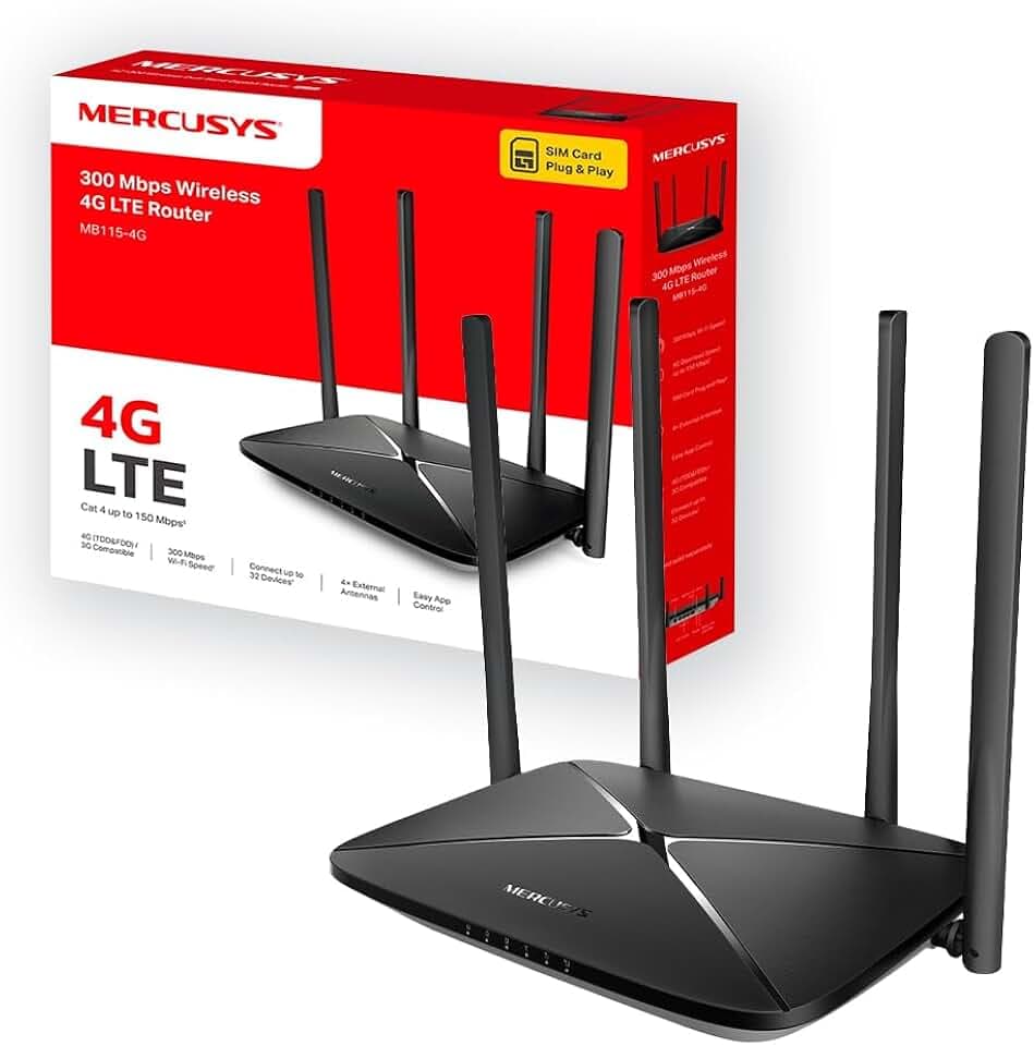 Mercusys MB115-4G Router WiFi con Sim, 4 Antenne Ad Alto Guadagno, 4G LTE Wireless N300Mbps, 3 Porte LAN+1 Porta LAN/WAN, WAN Connection Backup, Parental/LED Control, VPN, SMS, APP, Plug&Play