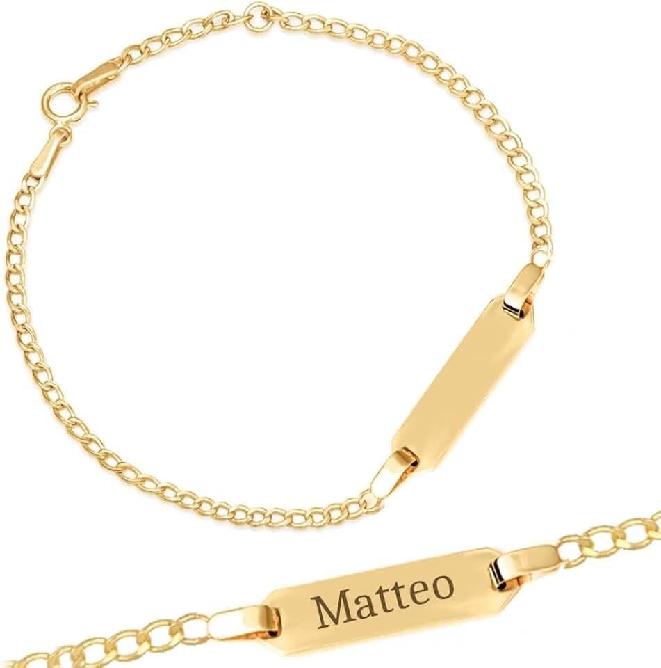 Sakrami Bracciale Holly in Oro 9 kt per bambini con piastrina + Gioiello con scatola Personalizzata + Idea Regalo per Nascita, Battesimo e Comunione Occasioni Speciali + Confezione regalo Personalizzata
