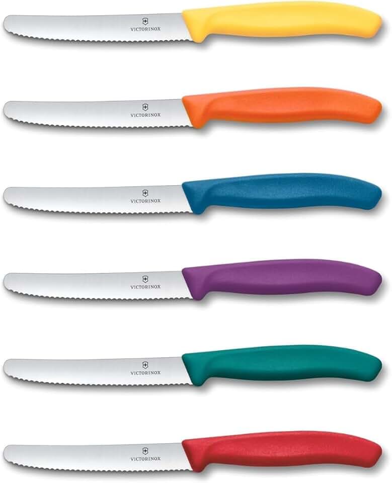Victorinox Swiss Classic, Coltello da colazione, Coltello da pane, Lama affilata, seghettata, 11 cm, Manico in plastica, Acciaio inossidabile, Set da 6 Pezzi, Colorato