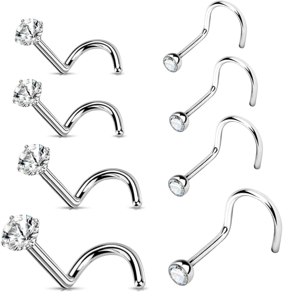 Voarge 8 PCS 20G Piercing Naso Anello Nostril Orecchino Naso Brillantino Anelli Studs S Curvato, Piercing a Gioielli Donna 1.5-3mm Round Heart Star Nose Ring Screw Jewelry