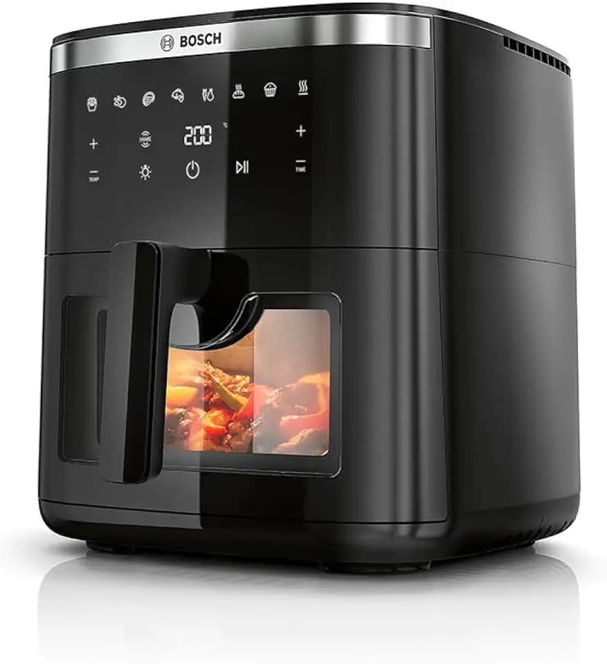 Bosch Serie 6 Friggitrice ad Aria MAF671B0, Air Fryer XXL, Capacità 7,2 L, 7 Programmi Preimpostati, Finestra sul Cestello Illuminata, Cottura Fino al 65%* Più Veloce, Nero