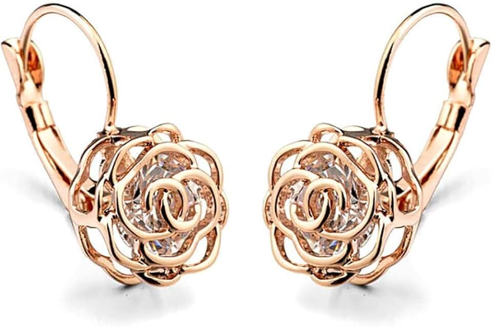 IMINI Orecchini a monachella con fiore di rosa 3D in cristallo filigrana CZ, pendenti a goccia per donne e ragazze, orecchini delicati per orecchie sensibili, regalo elegante per amanti, matrimonio