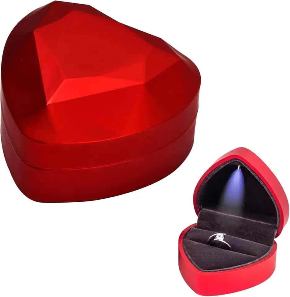 Jinlaili Jinlaili Scatola Anelli con Luce a LED, Scatola Anelli di Velluto, Scatolette Regalo di Gioielli, Scatola Decorativa Anelli Cuore per Fidanzamento Proposta Matrimonio Natale (Rosso)