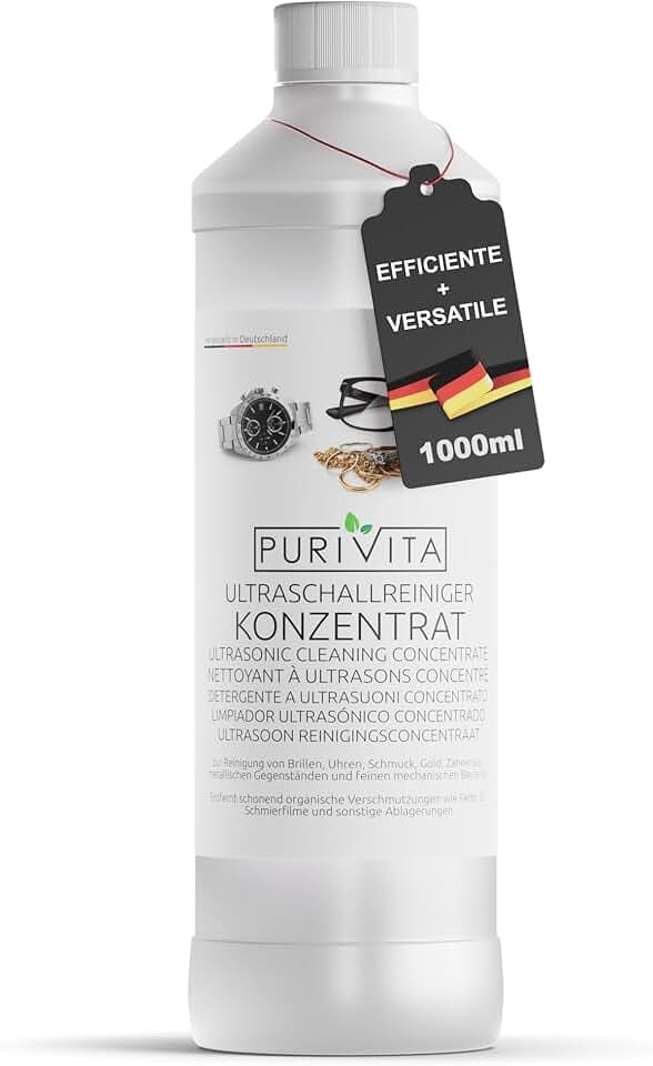 Purivita PURIVITA® Detergente per Pulizia Ultrasuoni [1L] - Concentrato Pulitore Ultrasuoni per Occhiali, Gioielli & Protesi Dentali - Pulitrice Ultrasuoni - Ultrasonic Cleaner - Dispositivi ad Ultrasuoni
