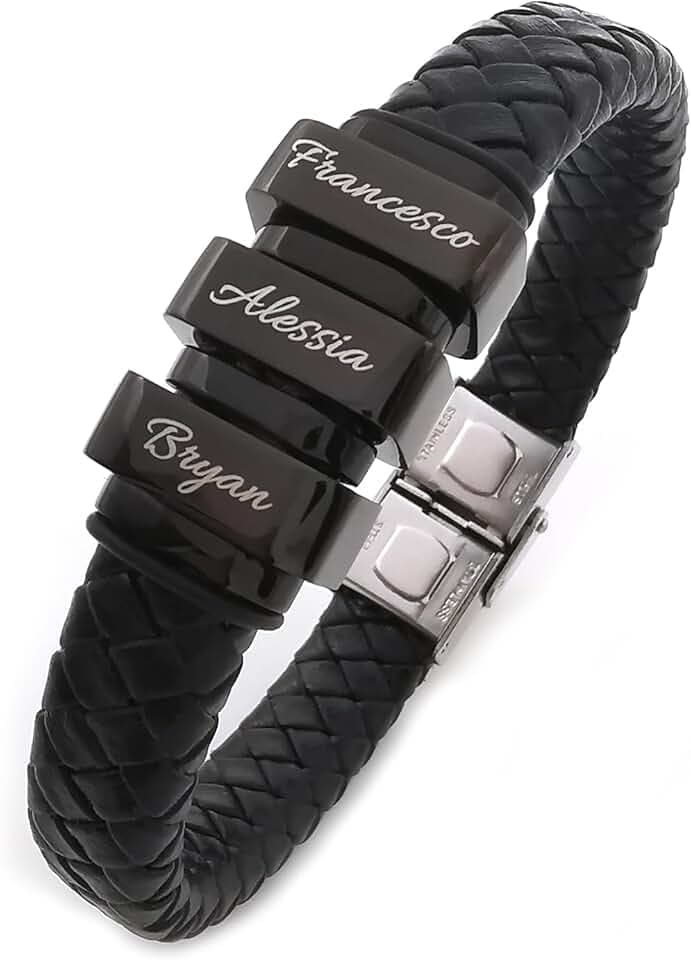 ALMENDRA Bracciale uomo personalizzato pelle festa del papà personalizzabile con incisione nomi figli acciaio nero simil pelle