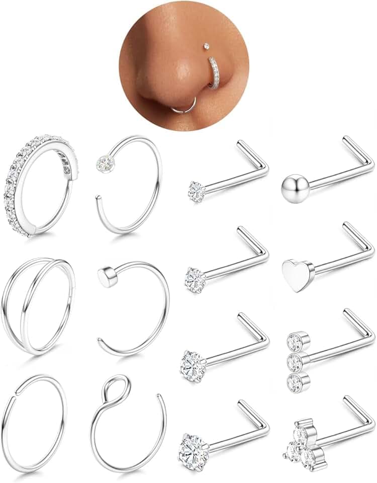 CASSIECA 14 Pezzi Piercing Naso Brillante Acciaio Chirurgico 20G L Naso Piercing CZ Piercing Anello Septum Piercing Argento Oro Nostril Borchi ClimeCo Certified