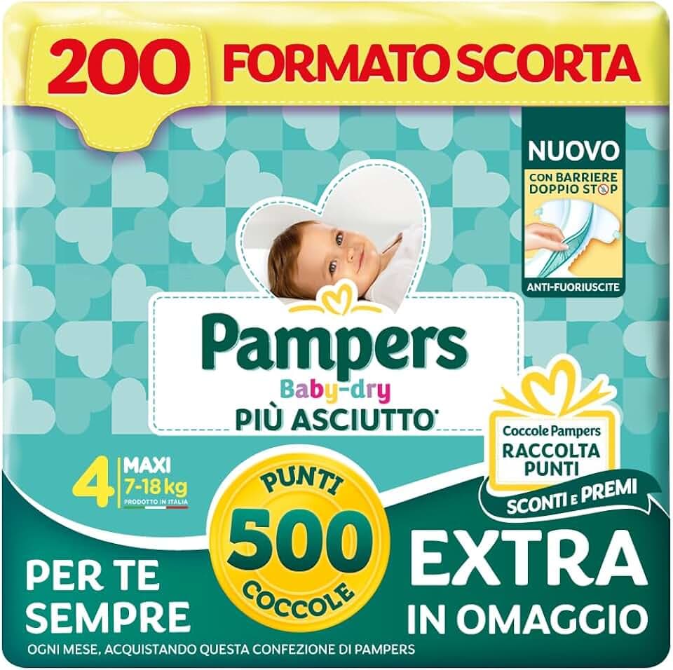 Pampers Baby Dry Maxi, Taglia 4 (7-18 kg), Formato Scorta, Barriere Anti-Fuoriuscite, Più Asciutto Fino a 12h, Linguette Rinforzate e Avvolgenti, 200 Pannolini Bambino + 500 Punti Omaggio