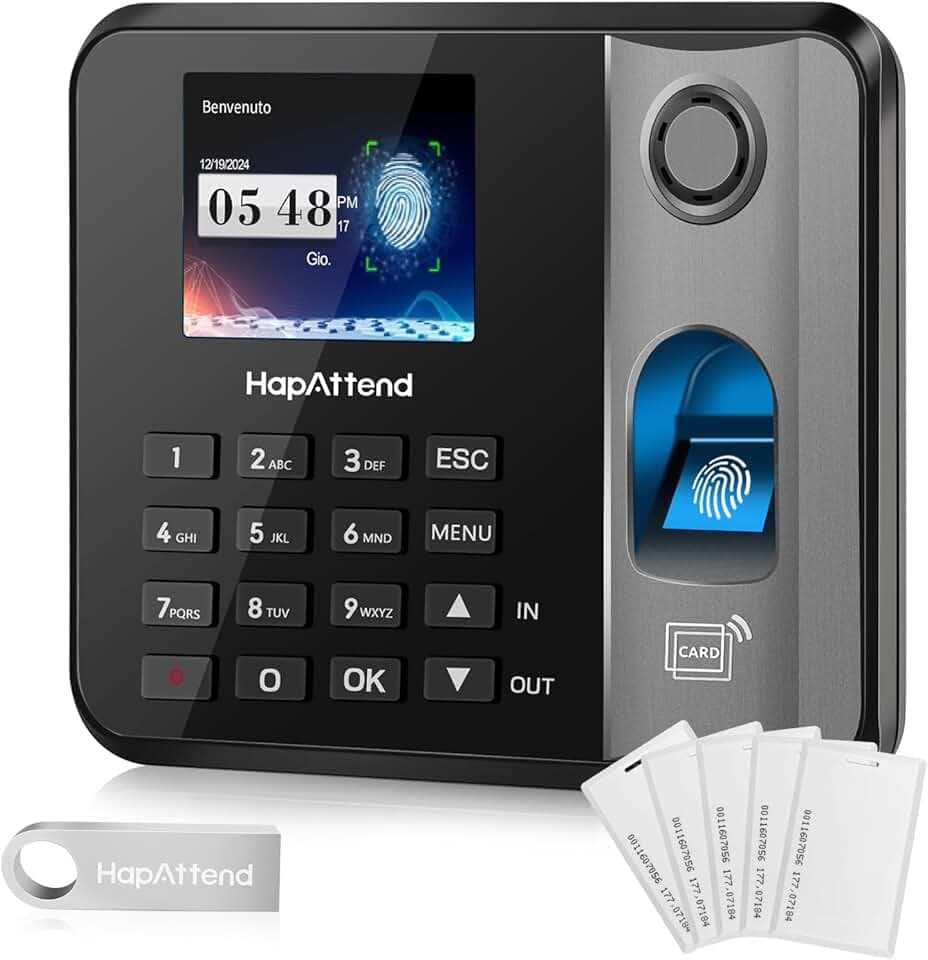 Rilevatore presenze, HapAttend Italiano timbracartellini lettore con impronte digitali e 5 badge RFID, H1 timbratrice presenze dipendenti Checking-in registratore orologio tempo per piccole imprese