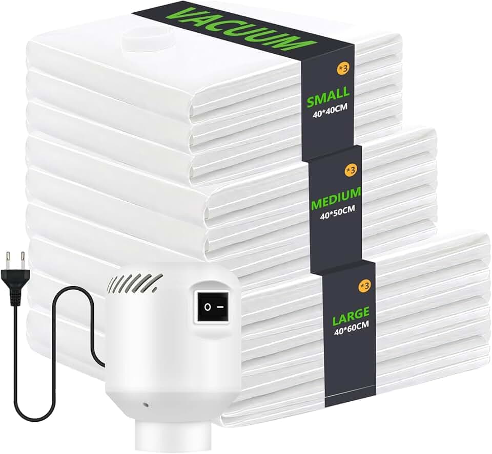 9 Pezzi Sacchi Sottovuoto Vestiti con Pompa Elettrica, 3x 40x40cm / 3x 40x50cm / 3x 40x60cm Buste Sottovuoto Vestiti per Coperte,Cuscini, Viaggi, Traslochi, articoli stagionali