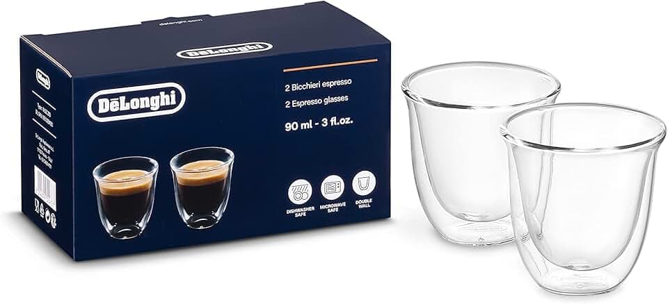 De'Longhi DLSC310, Bicchieri Espresso di Vetro a Doppia Parete, Vetro Borosilicato ritenzione del calore, Trasparente, Set di 2 pezzi x 90 ml