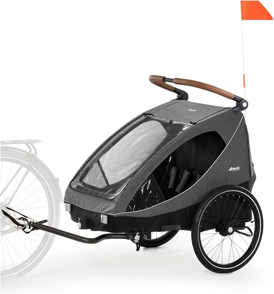 hauck Rimorchio Bici Bambini e Passeggino Dryk Duo - Da 6 Mesi a 120 cm o 22kg - Carrello Bicicletta Rimorchio con Gancio Traino, Ruota, Bandiera, Luce - Pieghevole, Portaoggetti XL - Grigio melange