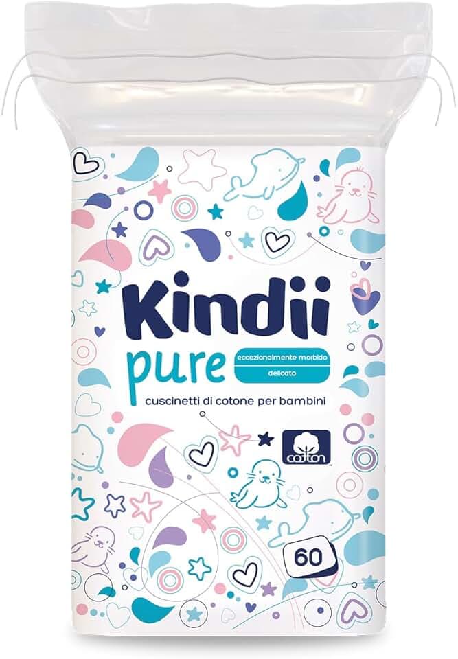 Kindii Quadrotti Cotone Neonato – (1x60 Pezzi) Cotone – Quadrati grandi per pelli sensibili – Sostituiscono salviettine umidificate, non si sfilacciano – 60 Pezzi