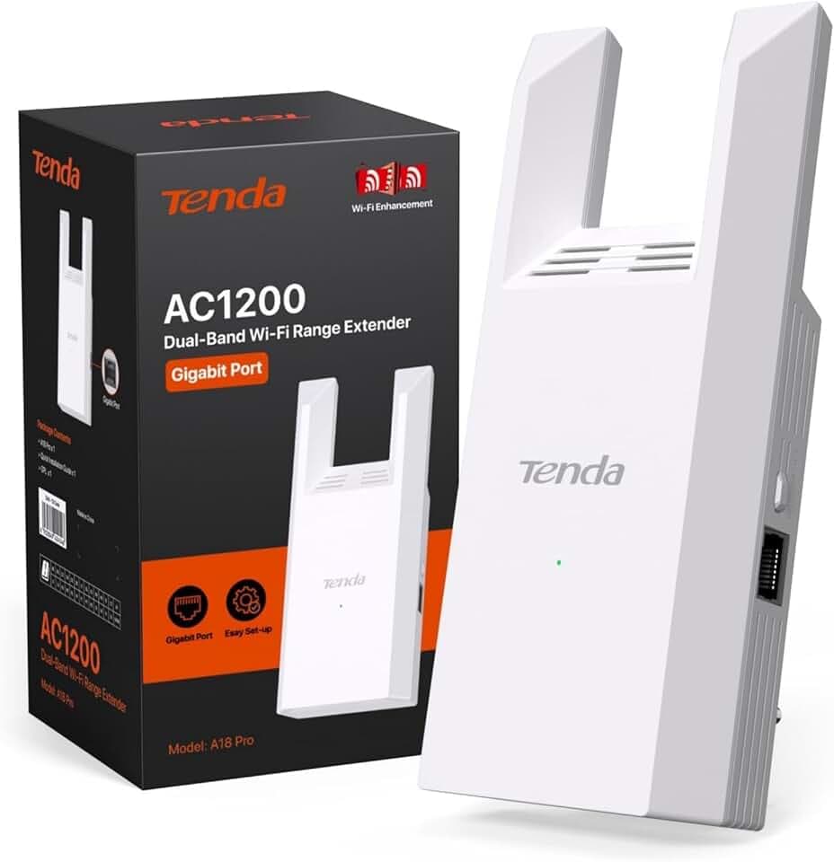 Tenda A18 Pro Ripetitore Wi-Fi Dual Band AC1200 Mbps, Funzionalità Extender e Access Point 5GHz/2.4GHz con Porta Gigabit LAN, LED Segnale Intelligente, Pulsante WPS, Sicurezza WPA2, Controllo via App