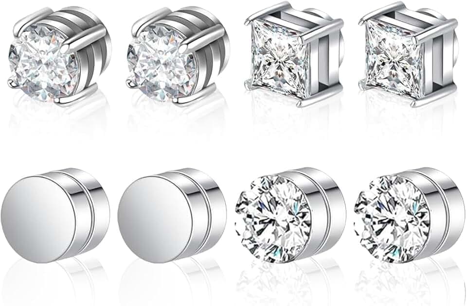 VRYNDH 4 Paia Orecchini Magnetici Uomo Orecchini Calamita Orecchino Magnetico Adatte Per Uomo E Donna, Rotonde/Quadrate,Comodo da indossare e non si cade facilmente,6 mm(argento)