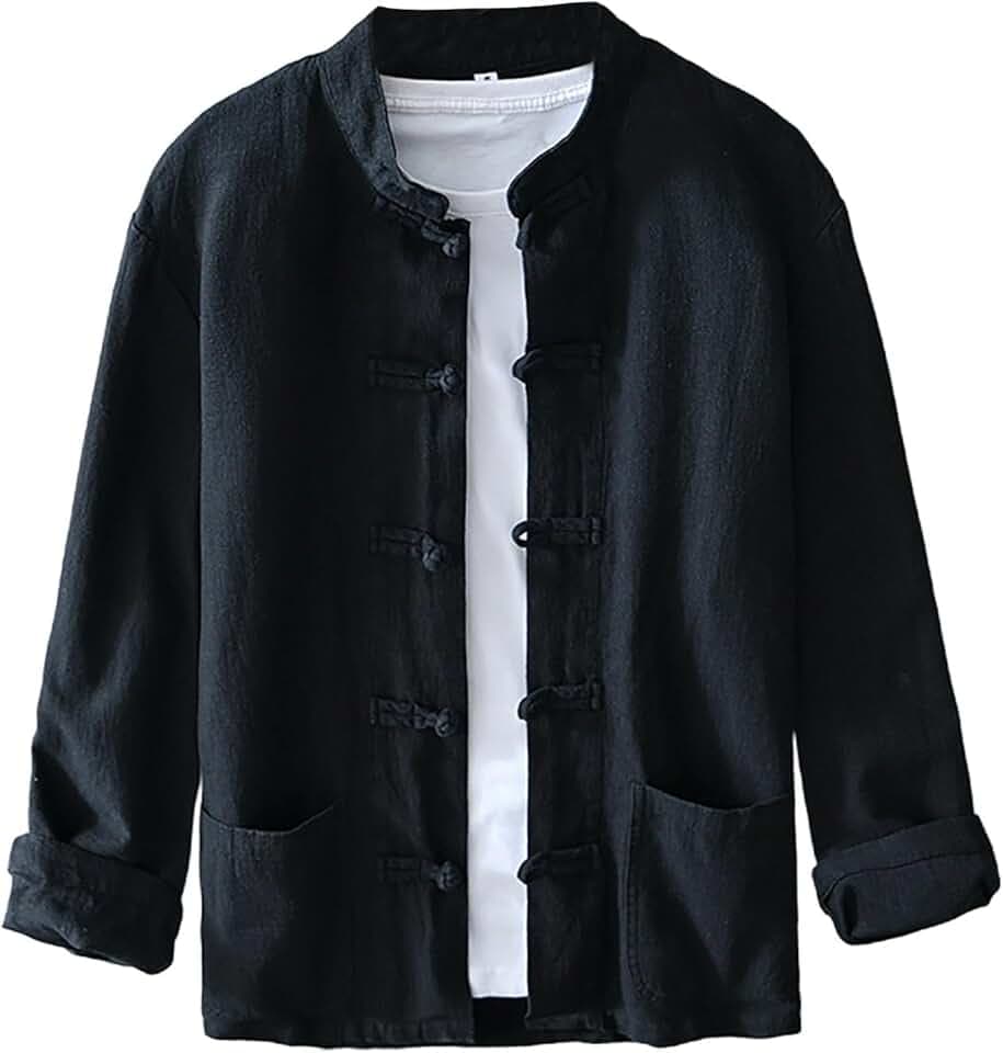 Camicia da uomo a maniche lunghe, design tradizionale per kung fu, dotata di bottoni cinesi a rana, stile giacca leggera, ideale per l'estate