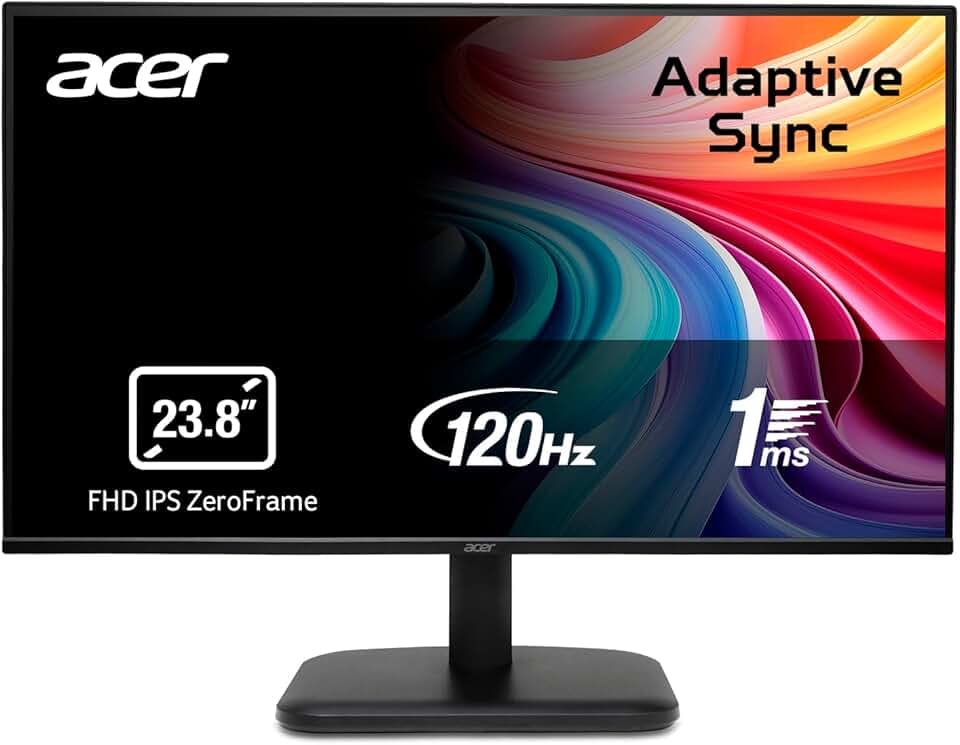 acer EK241YGbif Monitor PC 23.8", Display IPS Full HD, 120 Hz, 1ms (VRB), 16:9, AdaptiveSync, VGA, HDMI 1.4, Lum 250 nits, Schermo PC con Contrasto 100M:1, ZeroFrame, Cavo HDMI Incluso, Nero