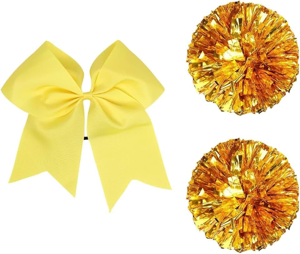 2 pompon da cheerleader, con grande fiocco per capelli da cheerleader, accessori per costume da cheerleader, giallo