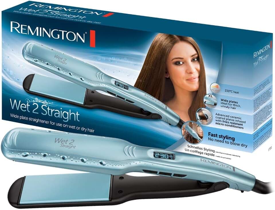 Remington Piastra per Capelli - Uso da bagnato e asciutto - Per asciugare e lisciare i capelli, ingredienti microattivi anticrespo, display LCD, 140-230°C, Wet2Straightpiastra per capelli S7350