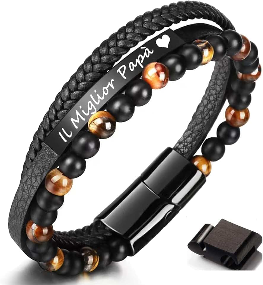 Jbniuay Bracciale Uomo DAD - Braccialetto in Pelle con Incisione 'Il Miglior Papà' - Regalo per la Festa del Papà