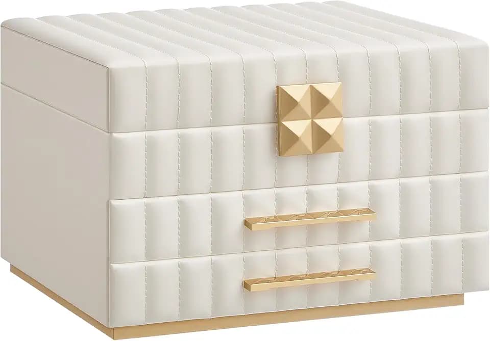 SONGMICS HOME SONGMICS HOME ANAH Collezione - Scatola Portagioie 3 Ripiani con Specchio, Porta Gioielli, 2 Cassetti, PU con Cucitura, Effetto Fluttuante, 21,5 x 24 x 15,8 cm, Idea Regalo, Bianco Nuvola JBC183W01