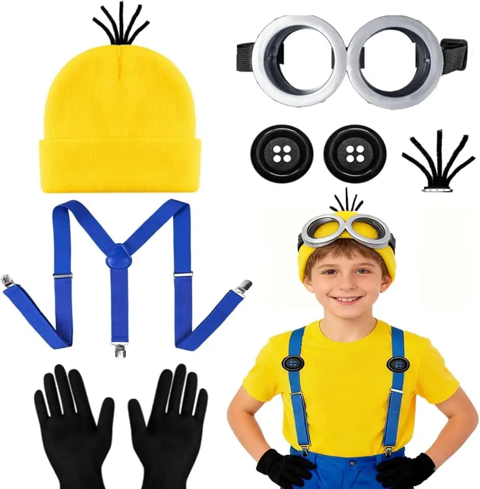 Humairc Costume Giallo Kit Occhiali Costume Carnevale/Halloween/Cosplay/Danza/Festa Carnevale Halloween Accessori Donna Uomo - Occhiali Cappello Giallo Guanti Neri Calzini Bretelle