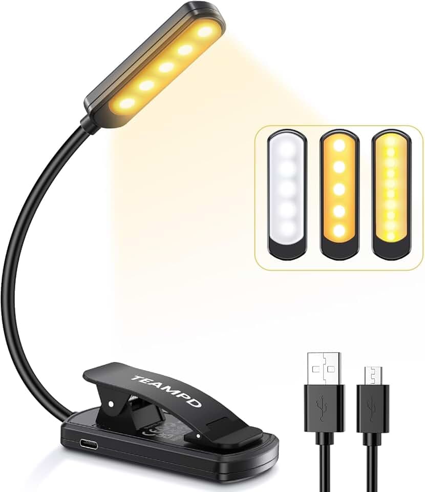Luce da lettura a 10 LED, 3 colori luminosi per proteggere gli occhi, luminosità regolabile, ricaricabile tramite USB, durata della batteria 12H, clip flessibile per lettura, pittura, viaggi