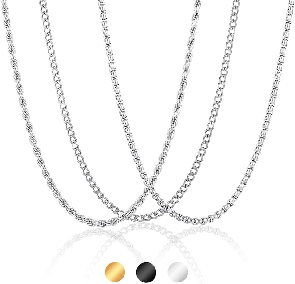 Esmoly 3 Pezzi Collana Uomo Catenina Necklace for Men Oro Argento Nero Acciaio Inossidabile Cuban Chain 45cm/50cm/55cm/60cm Regalo Uomo Ragazzo 2mm/3mm/4mm/5mm/6mm