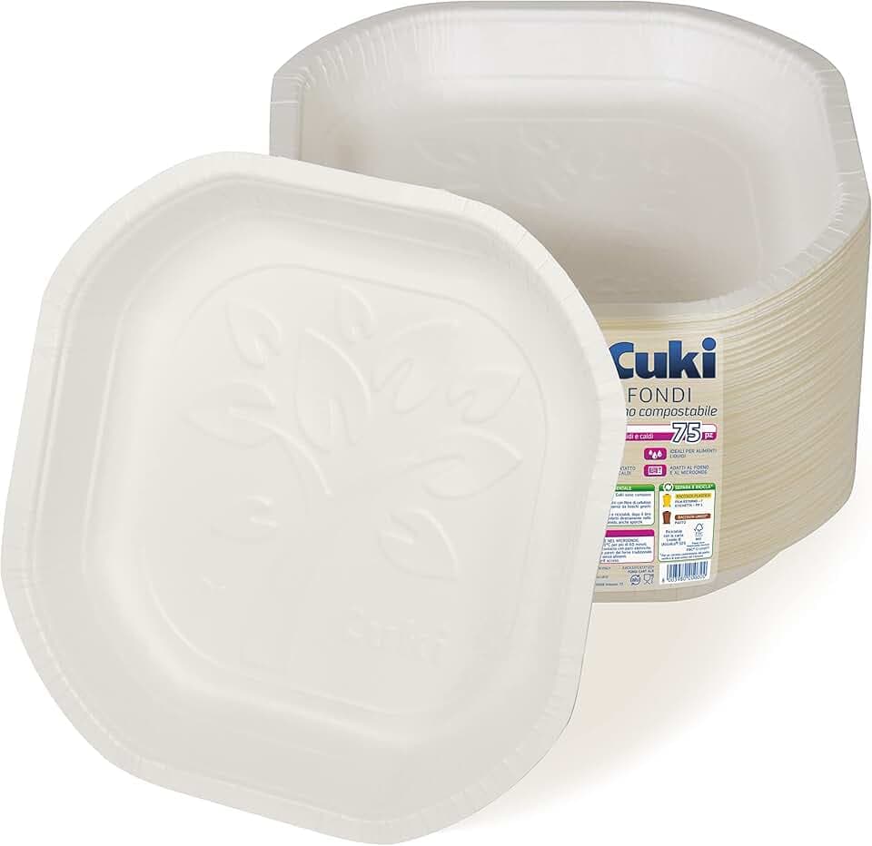 Cuki Piatti Fondi in Cartoncino Biodegradabile e Compostabile, ideali con alimenti liquidi e caldi, 1 Confezione da 75 Pezzi, per Picnic, Feste, Barbecue, Pranzi e Cene, 19.8 x 19.8 cm